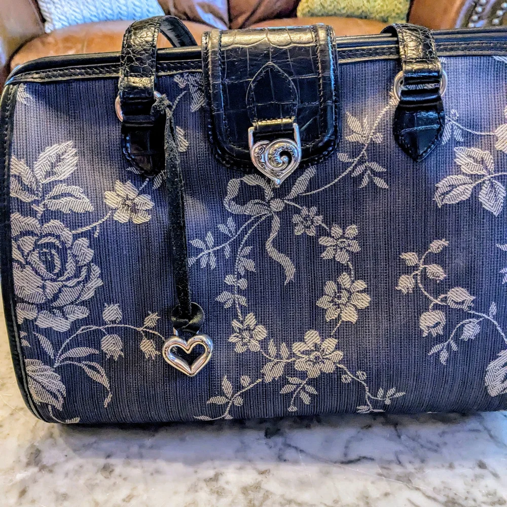 Brighton Vintage Blue Rose Tapestry & Leather Handbag EUC - Picture 3 of 9